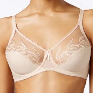 Wacoal Bra Feather Embroidery Underwire Sheer Nude Beige 34DD Style 85121